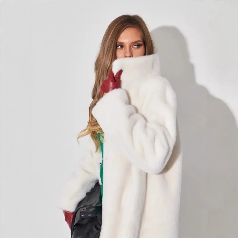 Women's velvet mixed fur coat with long stand-up collar