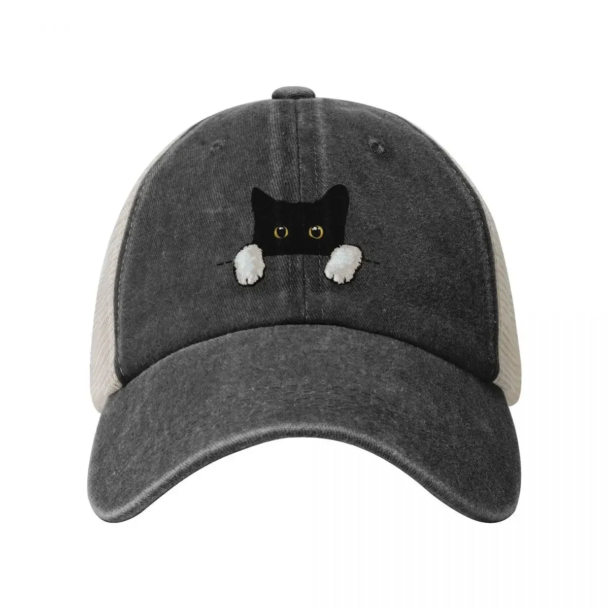 Black Cat White Hands Peeking Cowboy Mesh Baseball Cap funny hat Wild Ball Hat Bobble Hat Men's Caps Women's