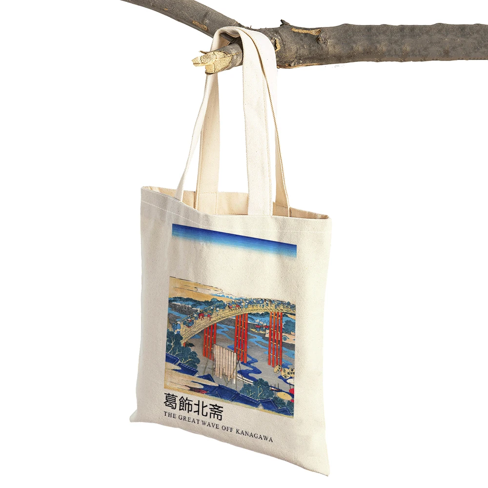 Vintage Tote Shopper Bag Abstract Japan Artist Hokusai Mount Fuji Women Shopping Bags Double Print Casual Lady Linen Handbag