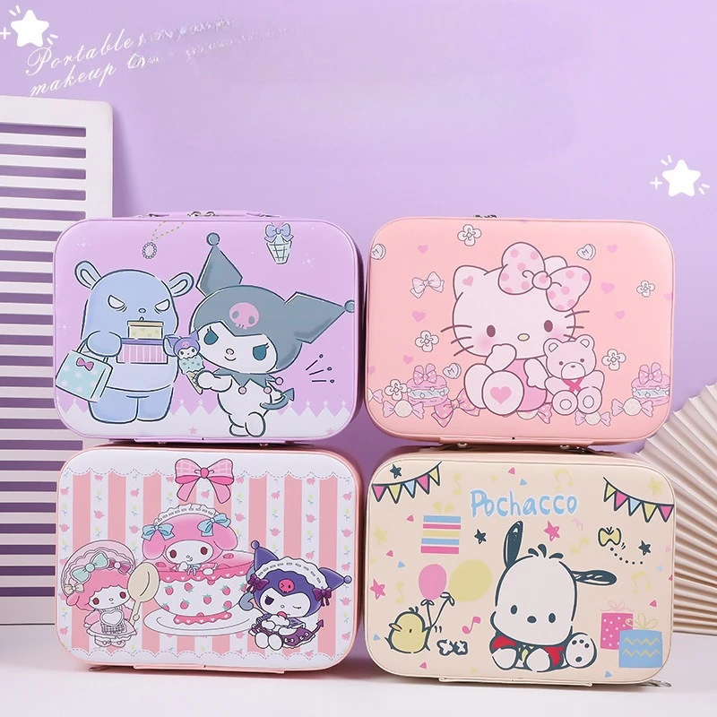 Cute Sanrio Large Capacity Cartoon Hello Kitty Makeup Bag with Mirror Kuromi Cinnamoroll Storage Pouch Girls PU Cosmetic Cases