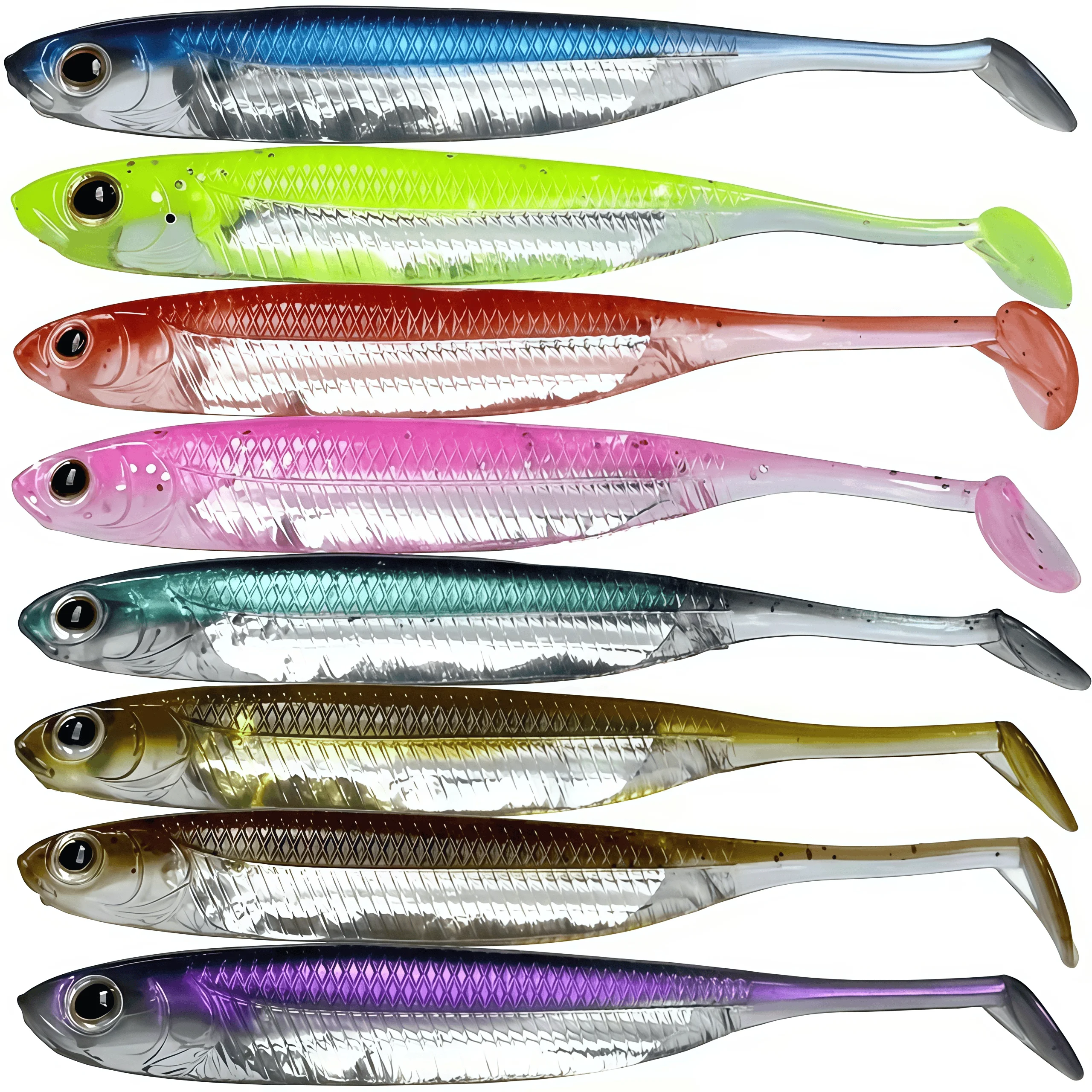 

New 7cm/8cm/10cm/12cm Soft Plastic Lures Paddle Tail 3D Eyes Soft Lure Saltwater Rubber Soft Baits with Sliver Reflective Tube