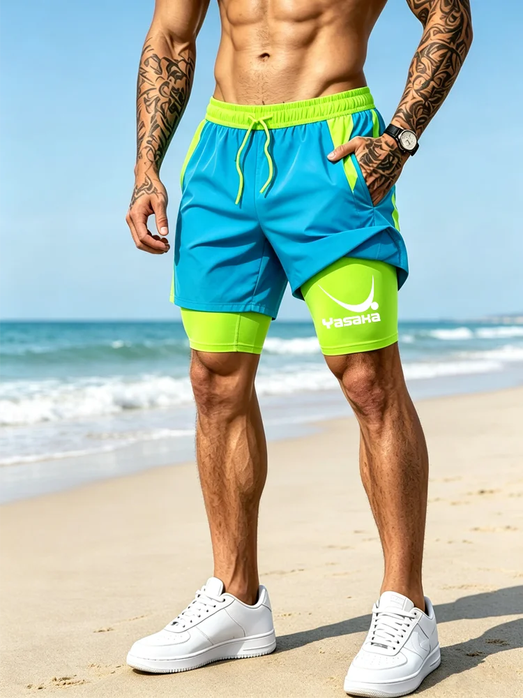 New men's summer double-layer quick-drying compression lining suitable for fitness, sports, surfing, beach shorts drawstring