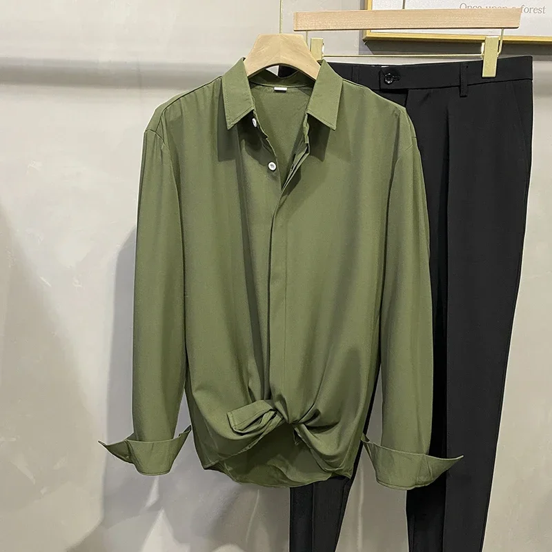 

Autumn Fashion Men's Long Sleeve Shirts Lapel Baggy Elasticity Business Casual Male Formal Dress Work Shirt Black Green Gray