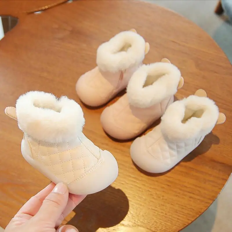 

Зимние сапоги для девочек, обувь принцессы, кожаная обувь на подкладке из искусственного меха для маленьких девочек, обувь для первой ходьбы, милая повседневная обувь