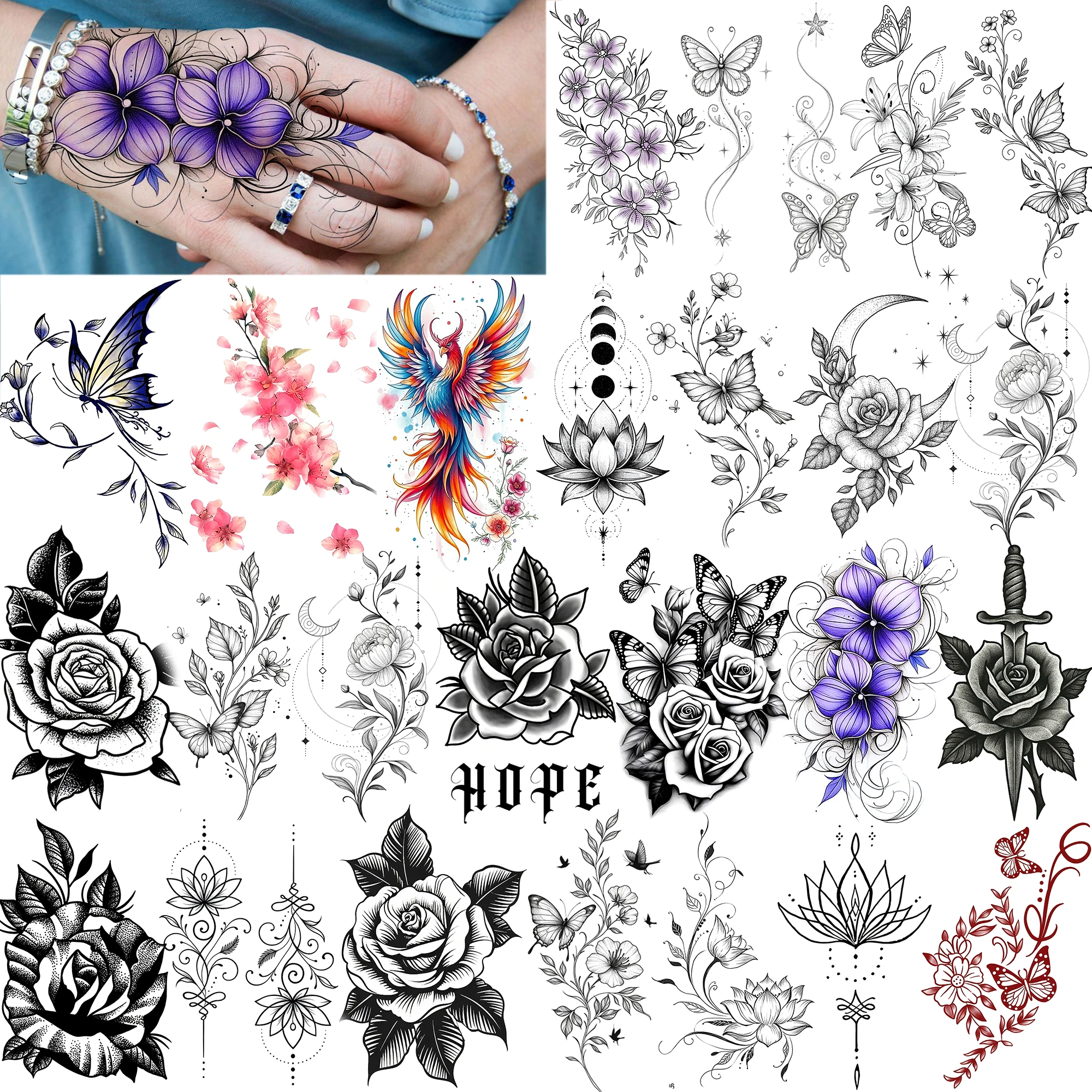 

1 Sheet Phoenix Rose Flower Temporary Tattoos For Women Hand Clavicle, Fake Tattoo Sticker Long Lasting Realistic Tatoo Body Art