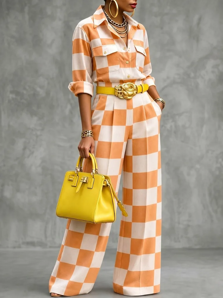 Yeezzi Women Fashion Orange White Plaid Lapel Blouses 2026 New Long Sleeves Loose Pockets Casual Office Shirts Tops For Ladies view 3
