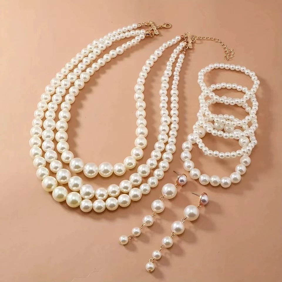 3 PCS Fashion Multi-layer Pearl Necklaces Long Tassel Earrings Bracelet For Women Chic Pearl Bridal Jewelry Ladies Gift