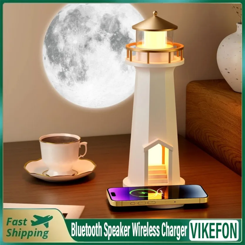 

Многофункциональный настольный Bluetooth-динамик в стиле маяка, беспроводная зарядка, RGB/светодиодная подсветка для iPhone 17, 16, 15, 14, 13, 12, Pro Max