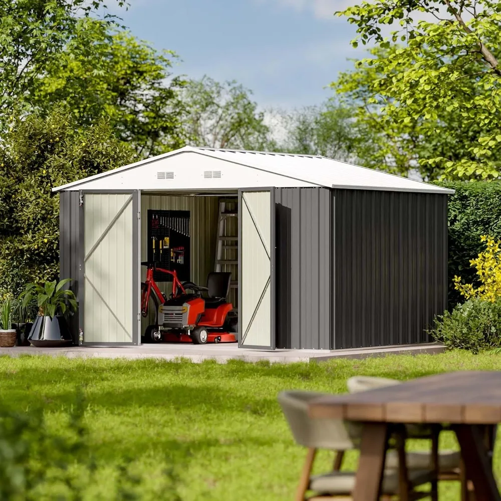 

10 x 8 FT outdoor storage shed, large metal shed for gardening tools, with sloping roof and double lock doors, grey