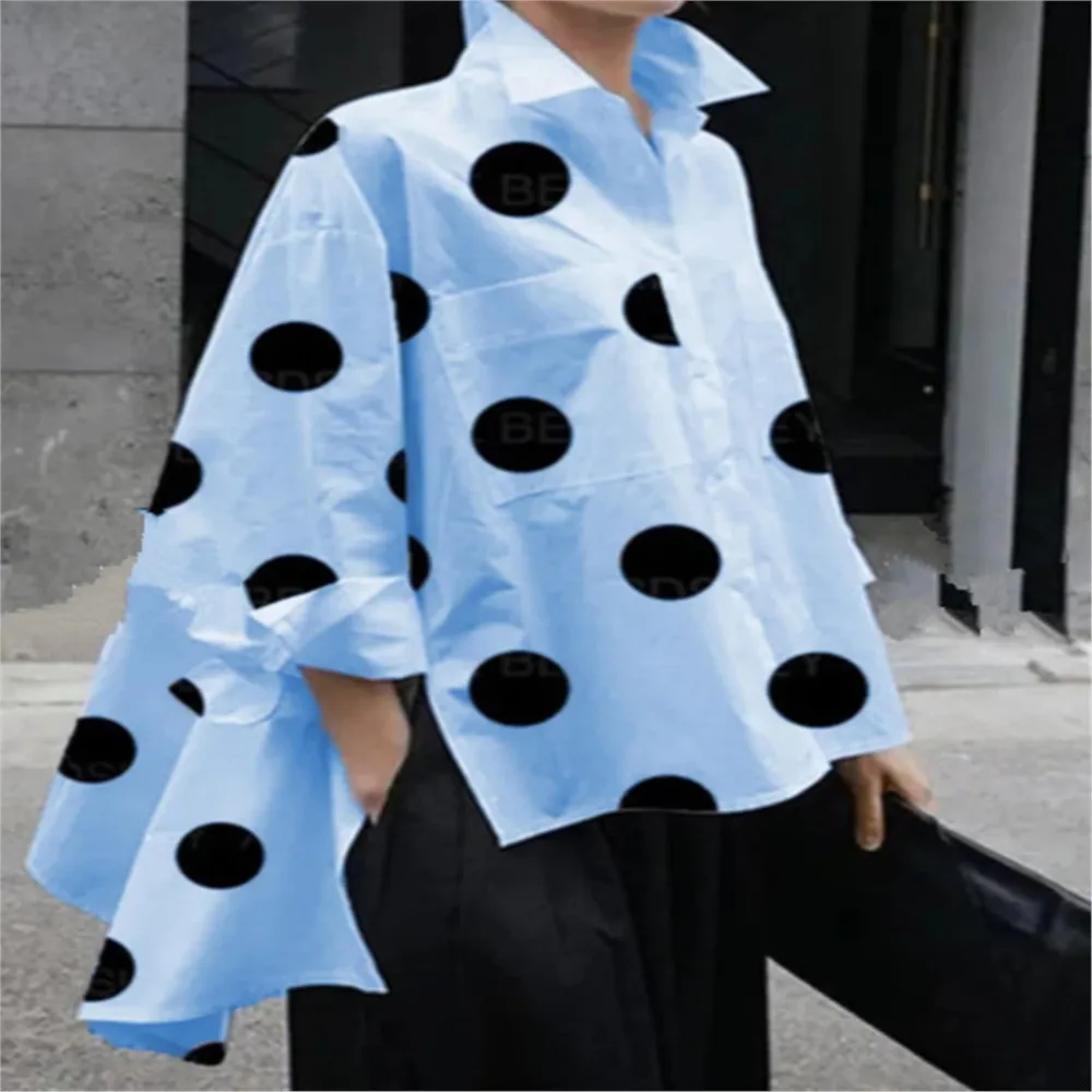 Mode Lange Mouw Polka Dot Print Shirts Vrouwen Herfst Onregelmatige Splits Losse Casual Shirt Vintage Vakantie Blusas Bohemian Tops