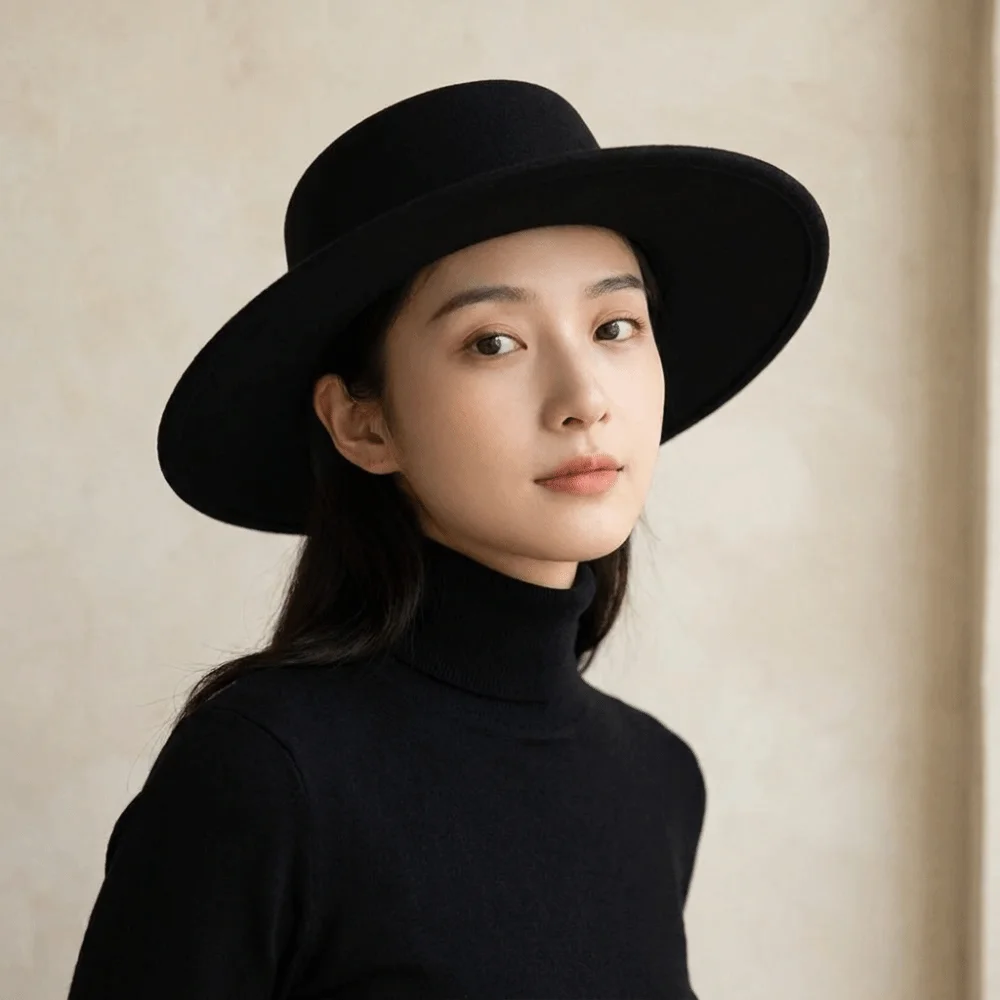 Solid Color Hepburn Style Bucket Hat Woolen Flat Top Wide Brim Felt Hat Fedora Hat Photography Decoration Women Jazz Hat Bride