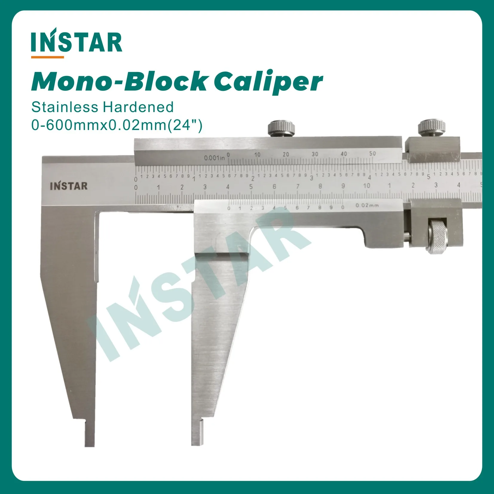 Instar-large Vernier Caliper iv 0600 mm 0.02 mm 024 Jaw 100 mm Padrão Din Aço Inoxidável Métrica Endurecida e Polegada Escala