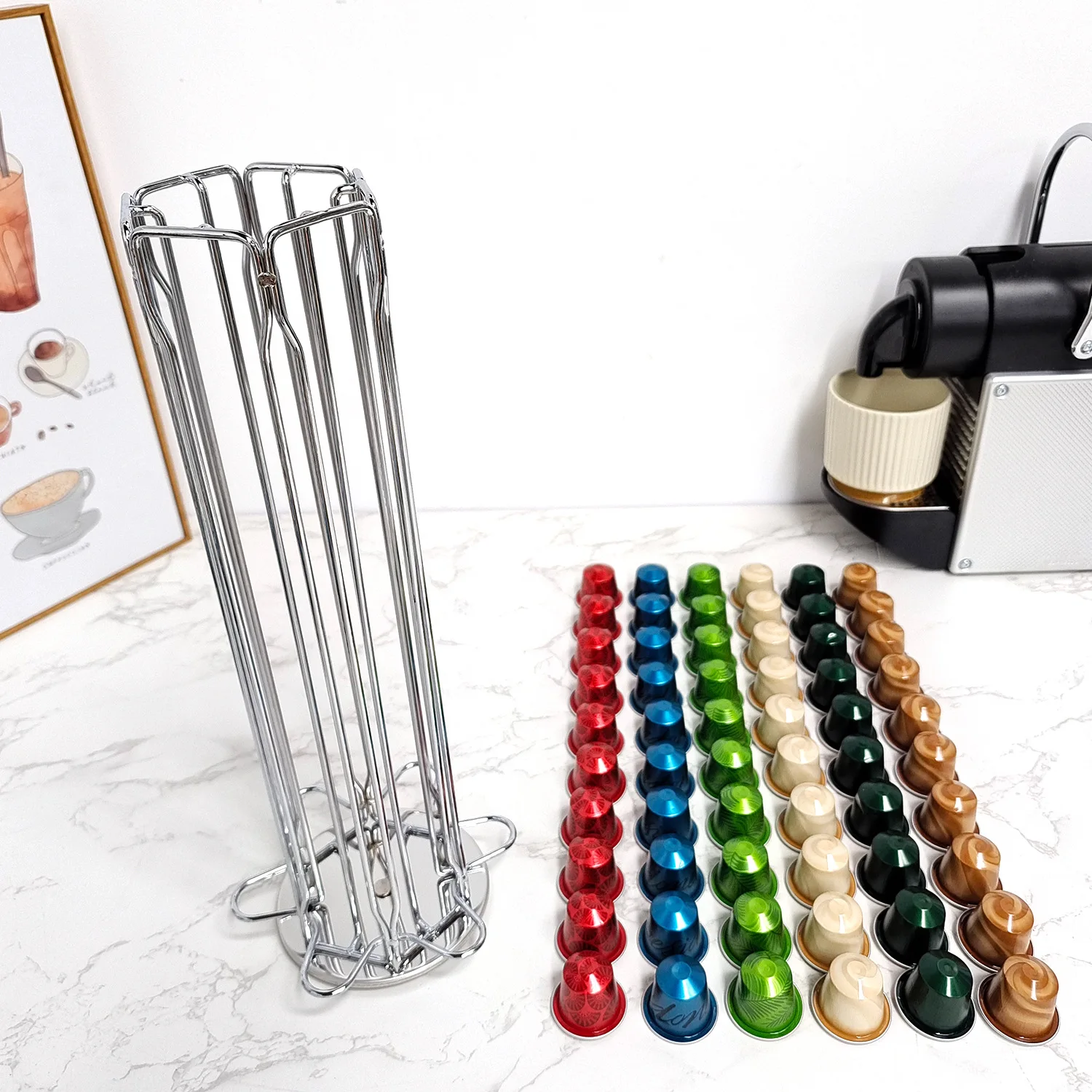 Nespresso Coffee Pods Holder Holds 60 Pods 360 Degree Rotatable Coffee Capsules Storage Rack Metal Tower Stand Home Kitchen Use