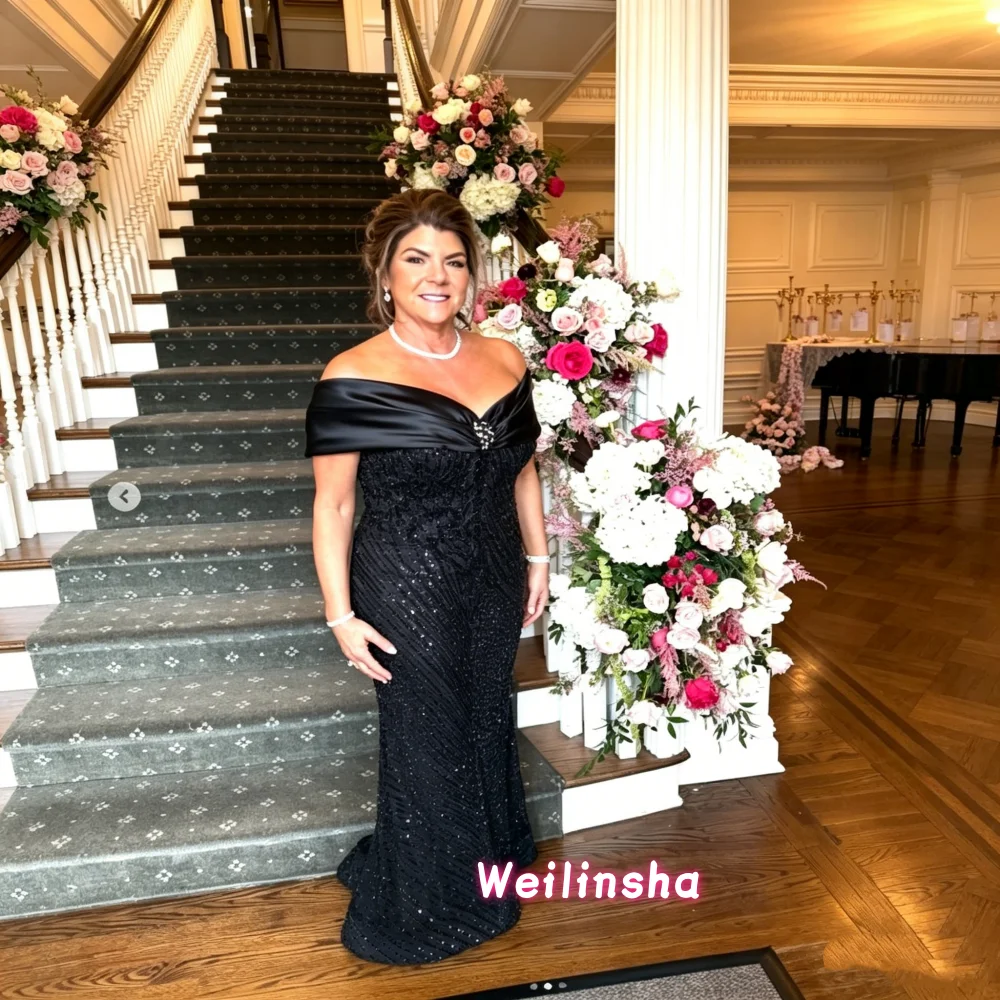 

Customized Black Off the Shoulder Mother of the Bride Dress Saudi Arabia Beading Sequins Wedding Guest Dresses Event Guest Gown