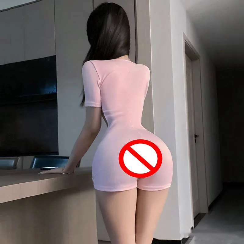 섹시한 짧은 요가 오픈 크로치 바디수트 긴 소매 슬림 핏 단색 브이넥 여성 피트니스 쇼츠 로우컷 지퍼 스포츠웨어