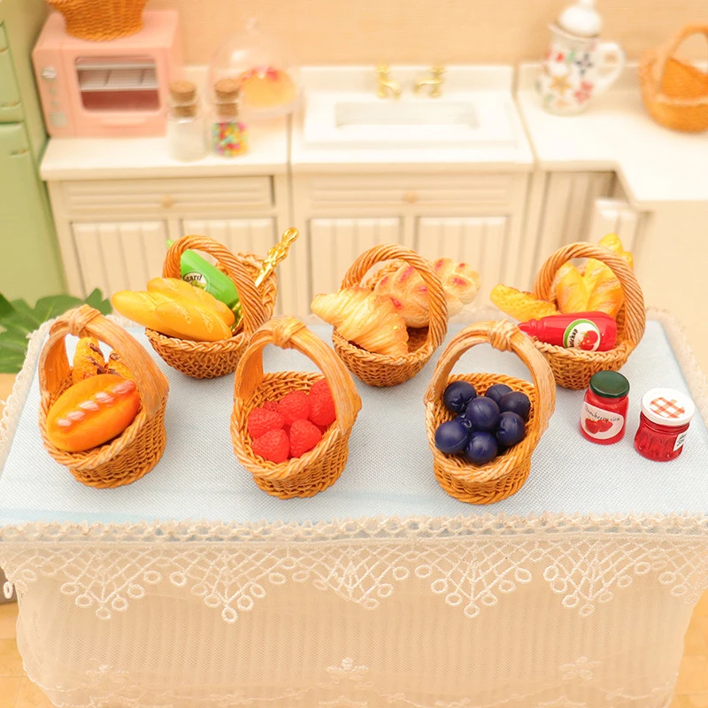 Modello di cesto di frutta e pane Accessori per case delle bambole in miniatura Fai finta di cibo da cucina per oggetti di scena per fotografia di scene di giocattoli per bambole