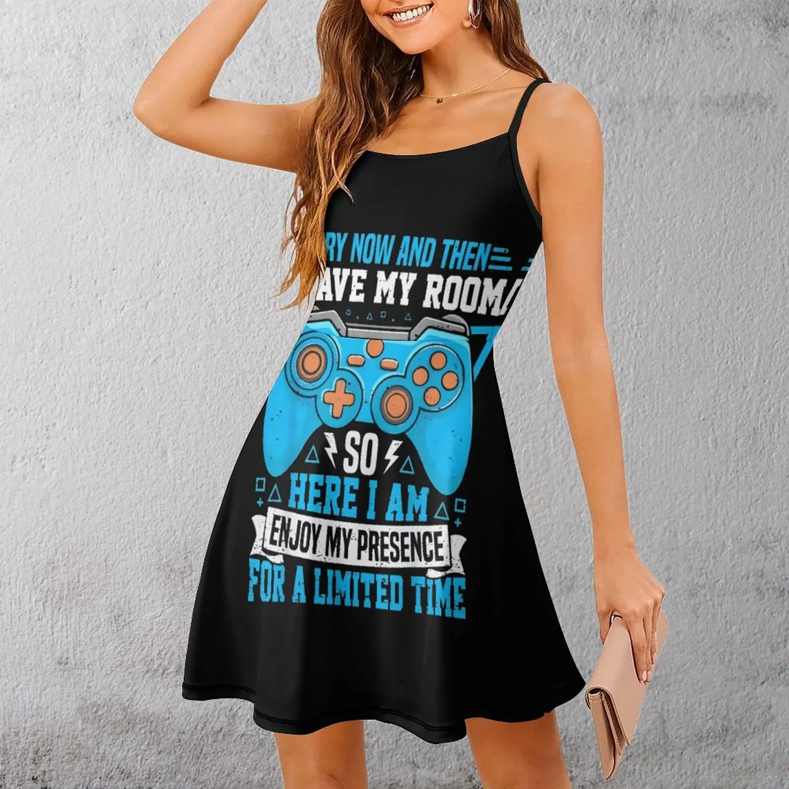 

Gamer Room Quote Art Women's Sling Dress Novelty Sexy Woman's Gown Humor Graphic Parties Strappy Dress