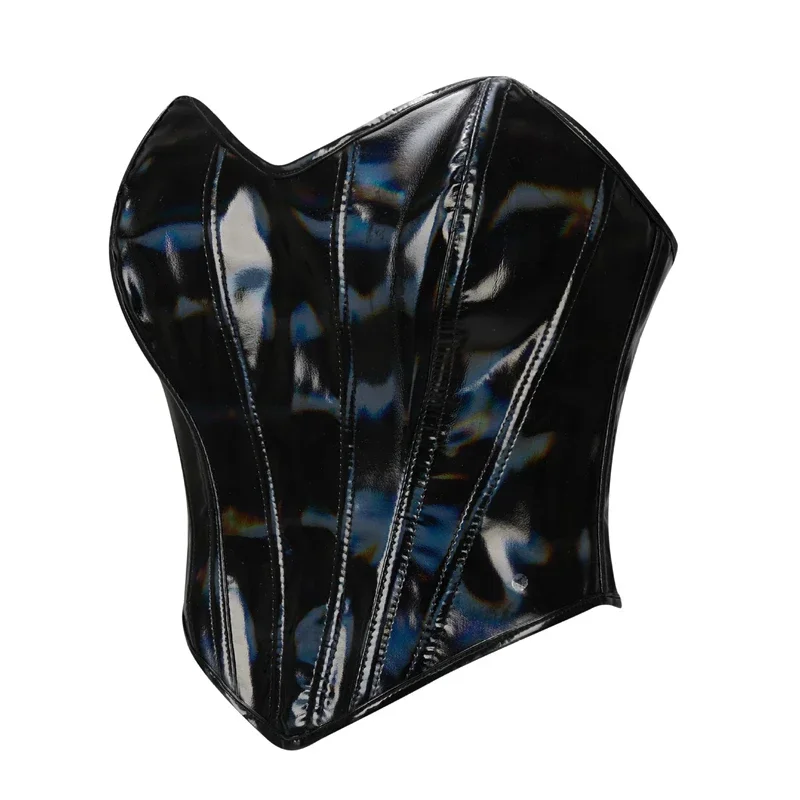Noir PVC vinyle Corset culture hauts femmes Sexy surbuste Bustiers haut en cuir brillant Lingerie Steampunk Corselet à lacets Korsett