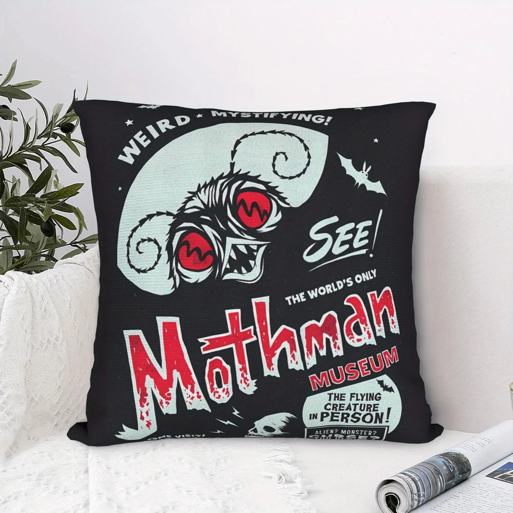 Mothman Museum Vintage Poster Pillow Cover, Double Sided Soft Polyester Print Cushion for Sofa Bedroom Gothic Home Decor Gift