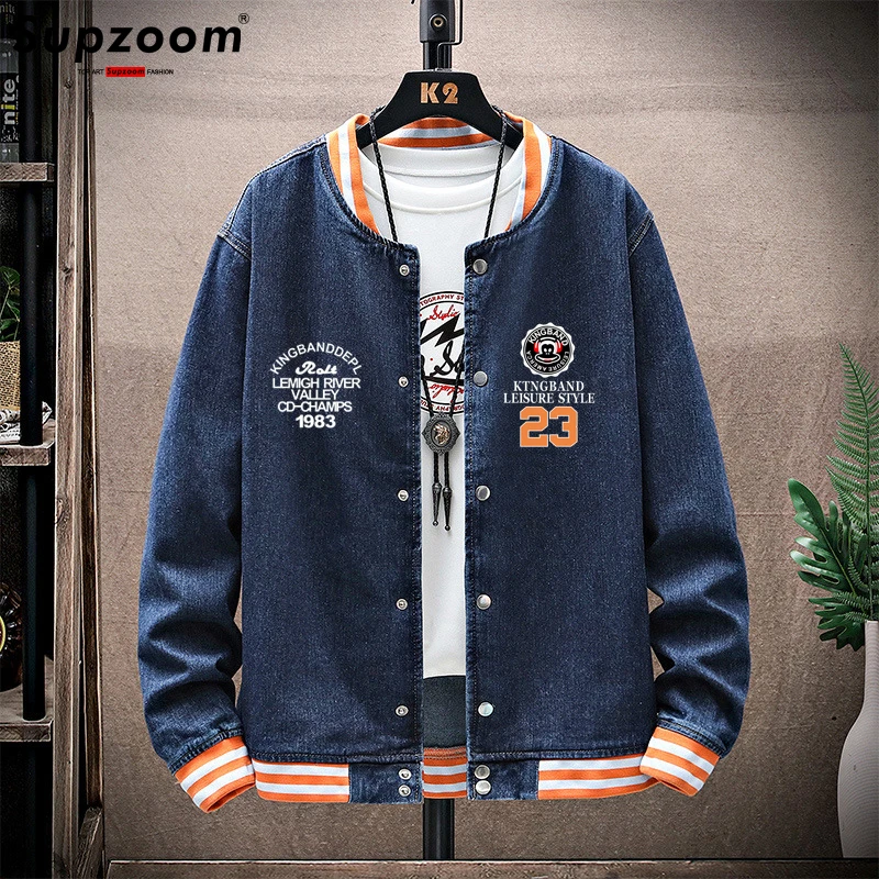 Supzoom New Arrival Letter Rib Sleeve Cotton Print Fashion Logo Single Breasted Casual Bomber Baseball Denim Jacket Loose Coat