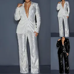 Womens Suits Set Sequin 2 Piece Pants Set Notch Lapel Slim Fit Formal Suits Womens Tuxedo Suit Sequin Sets Women