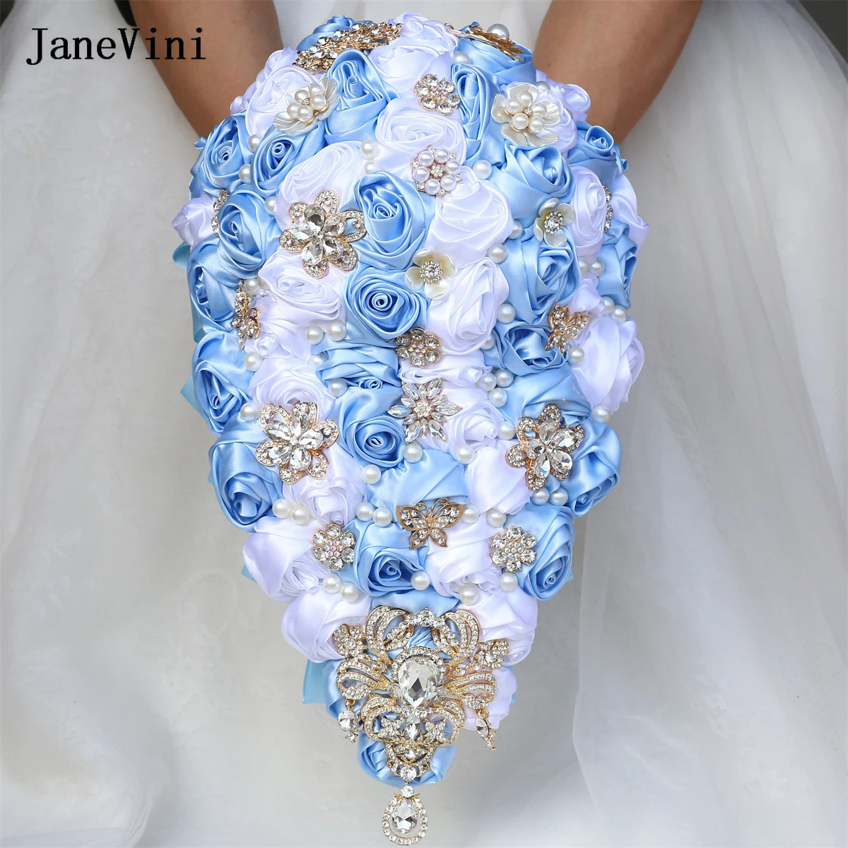 

JaneVini Light Blue Cascading Flowers Rhinestone Waterfall Bridal Bouquets Artificial Satin Roses Pearls Wedding Brooch Bouquet