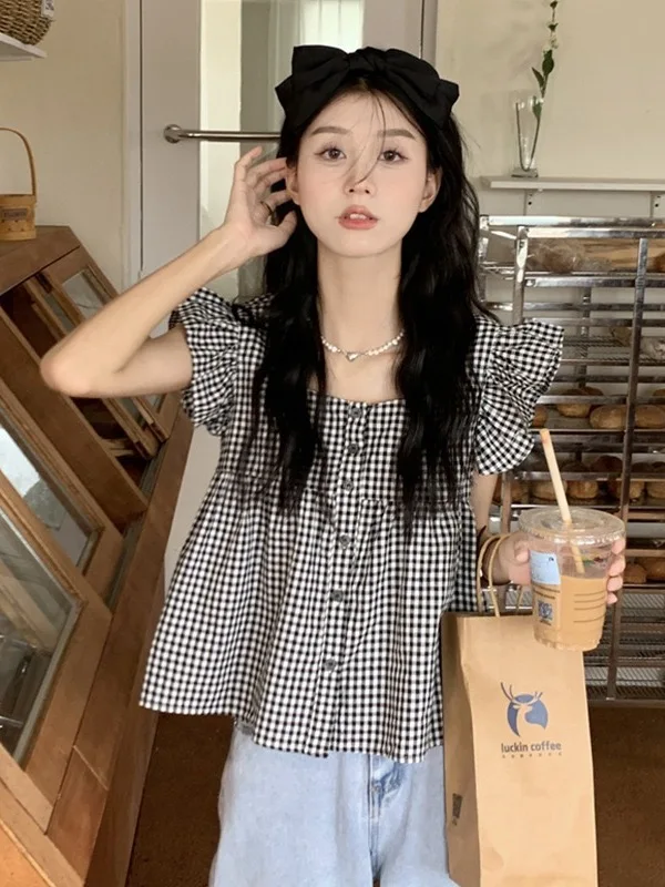 Women's Plaid irt Summer 2026 New Sle Square Collar ort Sve Fly Sve  Top Straight Tube Single Button Closure