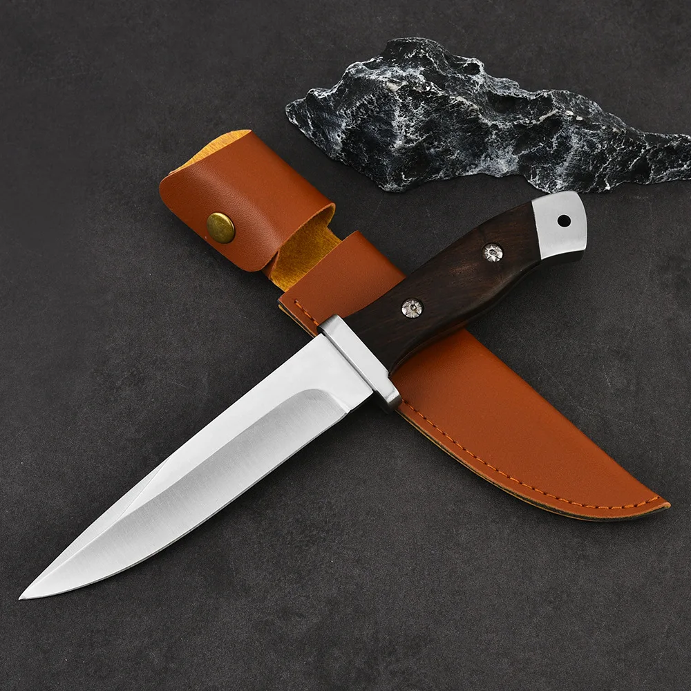 

Stainless Steel Outdoor Camping Knifes Tactical Hunting Self Defense Fixed Blade Knife Wooden Handle Hand Tool With Leather Case