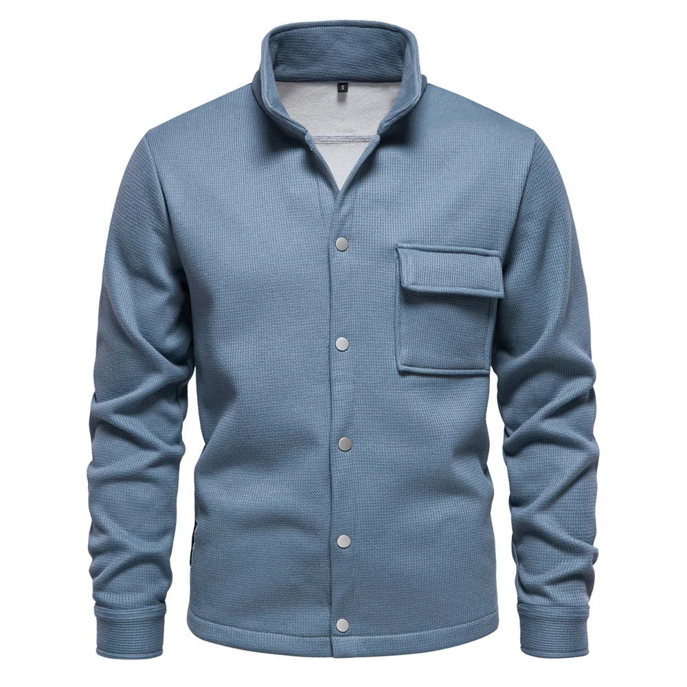 Autumn Winter Fleece Waffle Lapel Zip-Up Jacket Men's Pocket Casual Outerwear