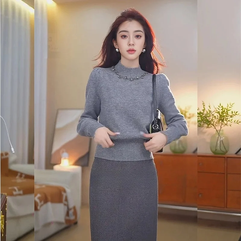 

Beaded Knitted Base irt Women's Loose Fit round Ne Sweater Autumn Winter New Sle Faionable Versatile Ladies...