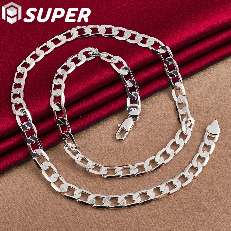 

925 Sterling Silver 8mm Flat Side Chain 16/18/20/22/24 Inch Necklace For Women Man Fashion Wedding Charm Jewelry