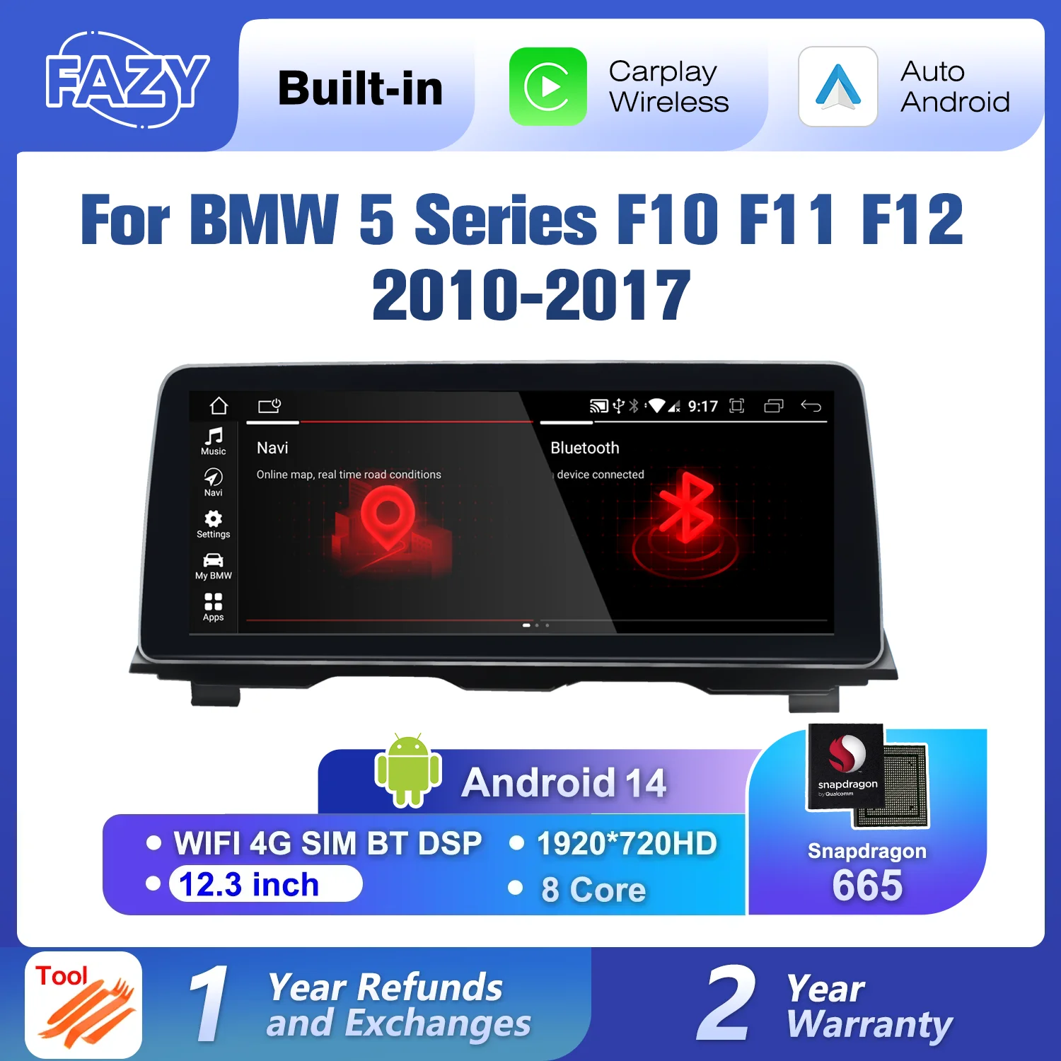 

12.3" Wireless CarPlay Android 14 Auto Radio Screen For BMW 5 Series F10 F11 F12 CIC NBT Car Multimedia Intelligent System GPS