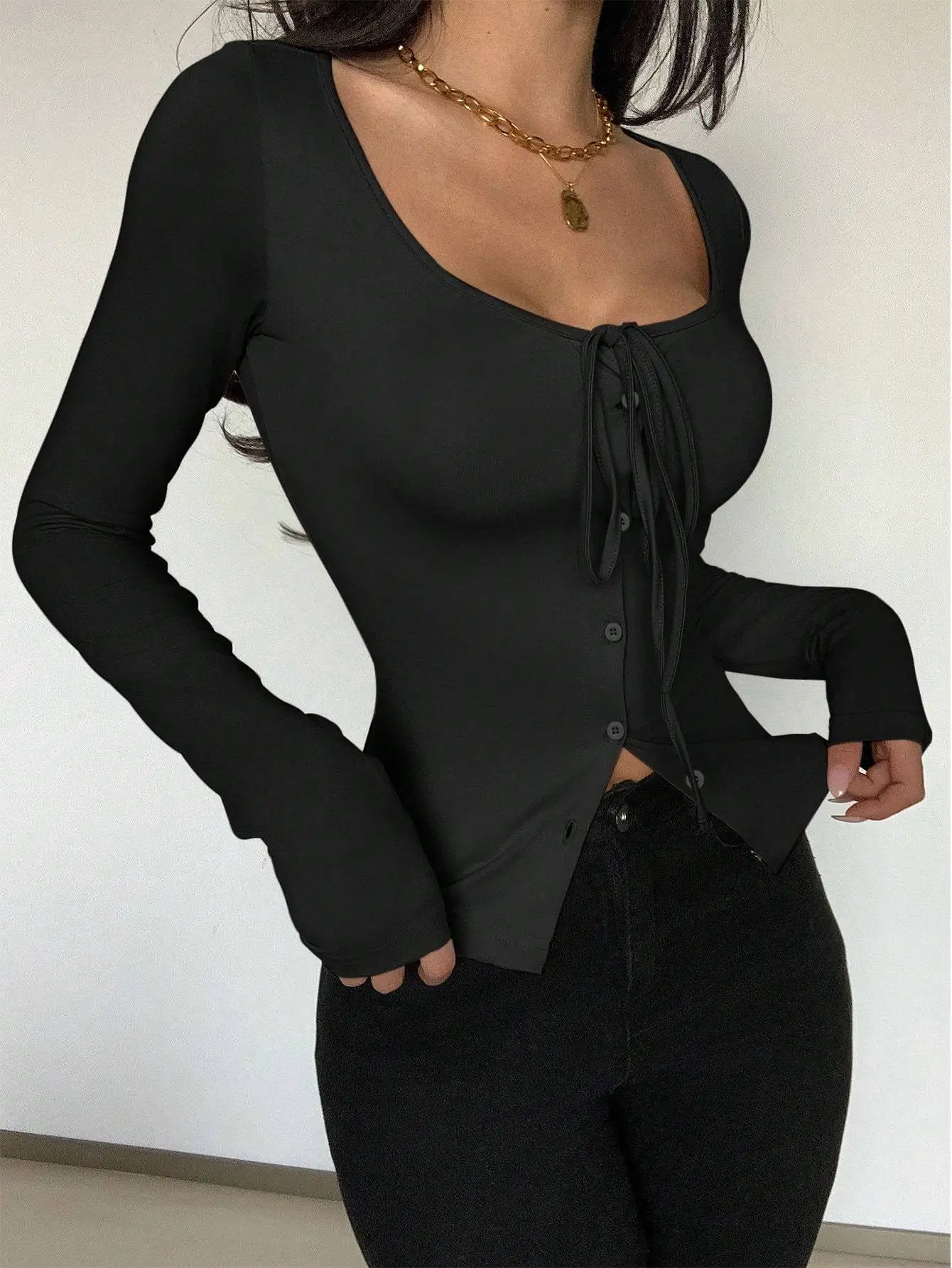 Hot Fashion, Four Seasons, Versatile Trendy Women's Long-Sleeved Plain Button Details Cardigan
