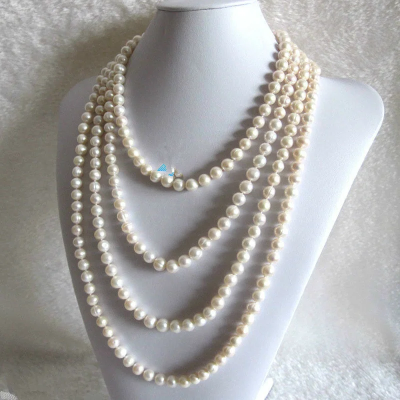 

New 100" 6-8mm White Freshwater Pearl Necklace Sweater Chain A variety wear method