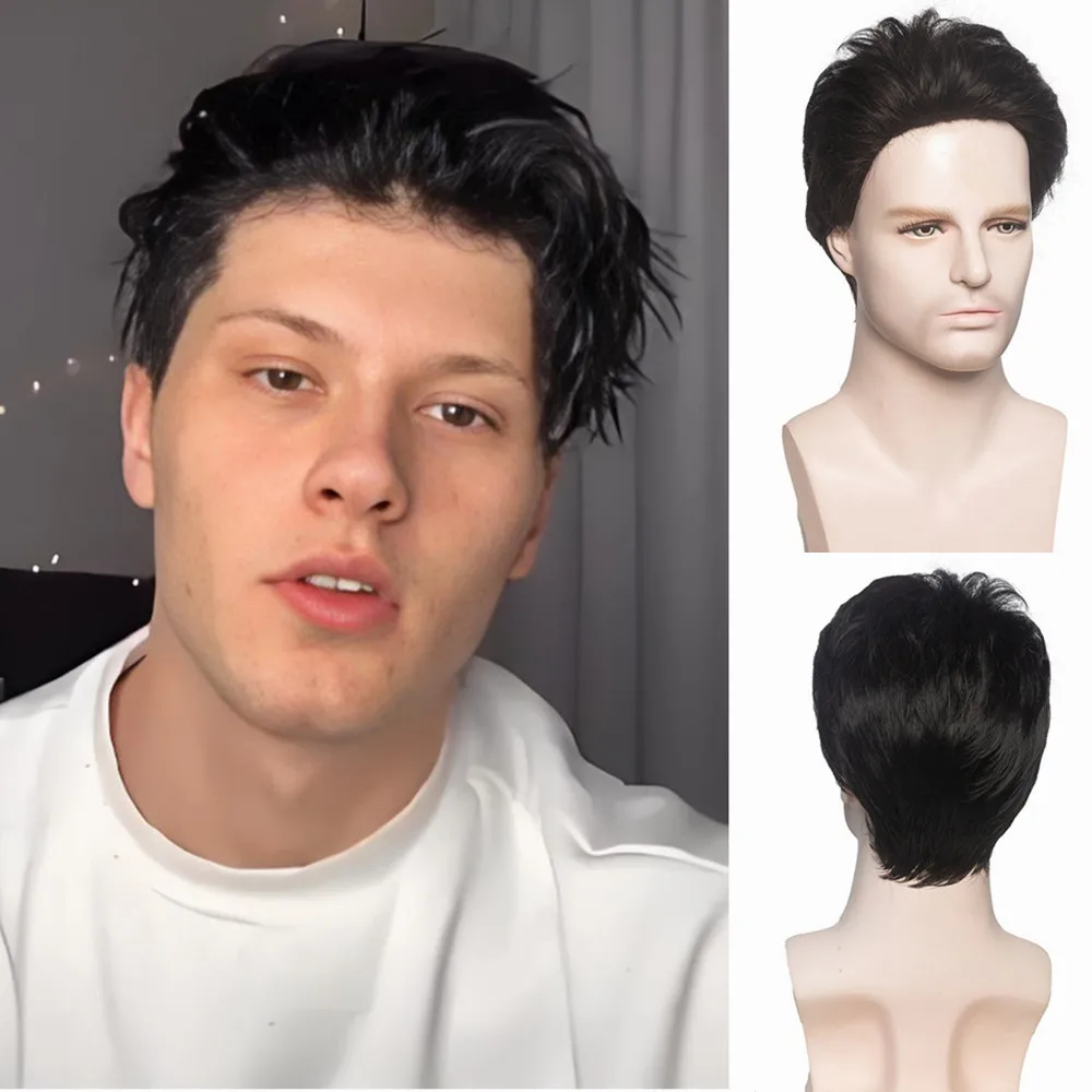 

Men's Black Short Straight Wig, Realistic Cap, Breathable, Trendy European Style