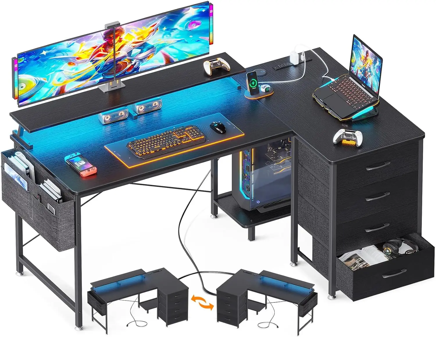 

55" Reversible L Shaped Computer Desk with 4-Tier Fabric Drawers, Gaming Desk with LED Lights & USB Power Outlets & Charging