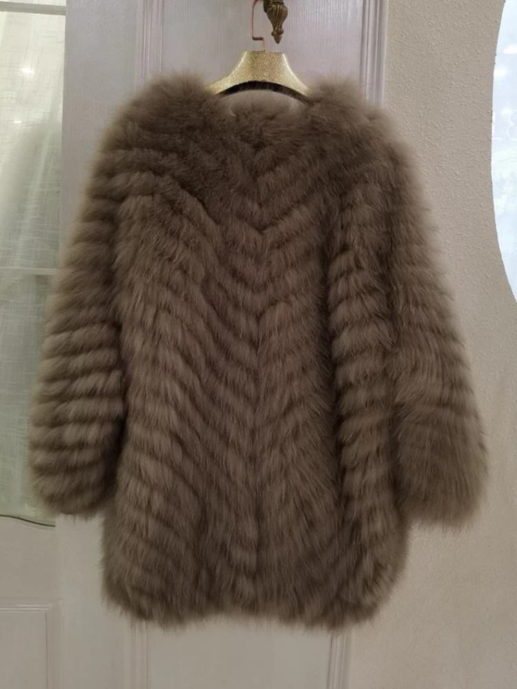 Women Thick Grey Coffee Camel Real Fox Fur Strip Sewed Toghter Oversize Loose Winter Long Real Fox Fur Overcoat