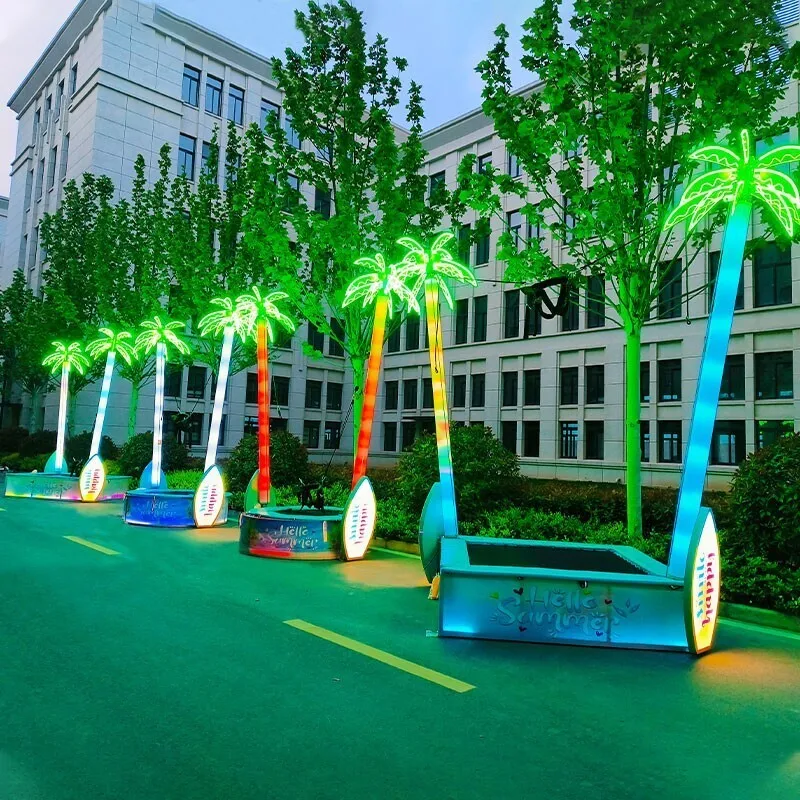 Portable Coconut Tree Kids Trampoline with LED Lights Heavy Duty Steel Frame Bungee Bouncing Equipment for Outdoor Night Marketp
