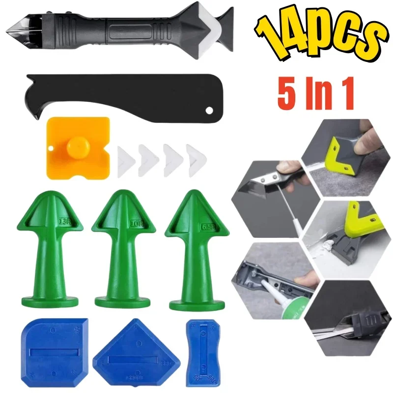 14Pcs 5 In 1 Silicone Spatula Window Cleaning Tool Sealant Smooth Remover Squeegee Caulk Organizer Silicone Scraper Grout Kit