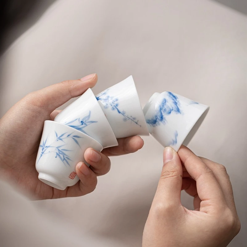 Underglaze Hand-Painted White Porcelain Tea Cup Household Small Teacup Tea Bowl Cup Smell Cup Kung Fu Tea Set Master Cup