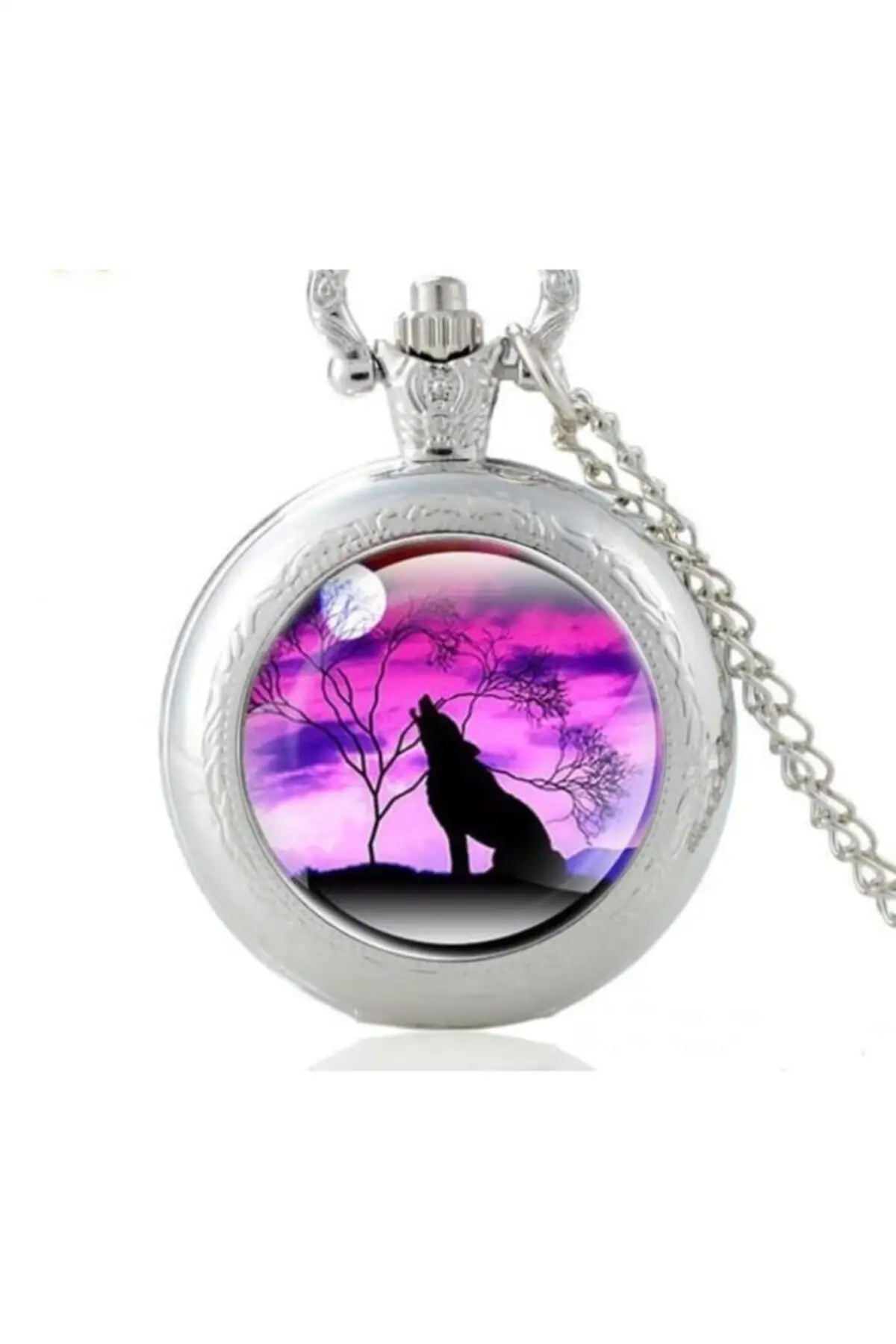 Uras Classic Quartz Köstekli Mini Pocket Watch Chain Necklace Purple Wolf Pattern Vintage Watch Men Women Free Shipping Fashion