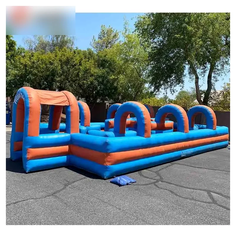 Carnival Inflatable Water Tag Maze Arena with Blower Open Blue Orange Course Layout for Parties and Event Rentals