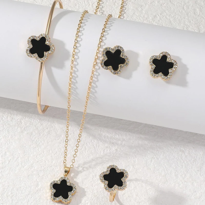 4 PCS Set Flower Shape Pendant Earring Ring Bangle Set Crystal Stone Necklace Earring Stud Cuff Bangle Open RingJewelry Set