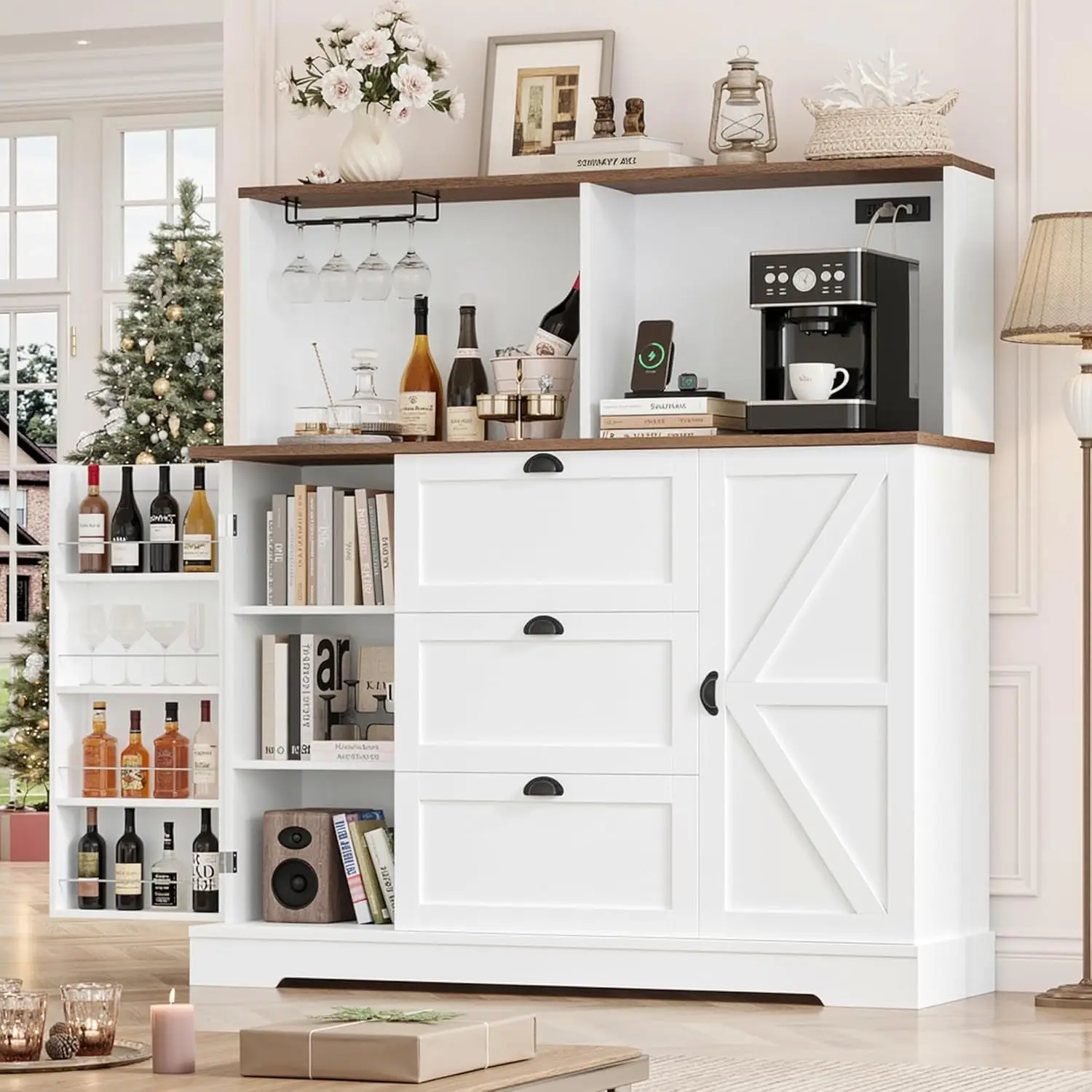 

47.2" W Farmhouse Coffee Bar Cabinet with Storage and Power Outlet, Sideboard Buffet Cabinet with Coffee Station, Bar Cabinet wi