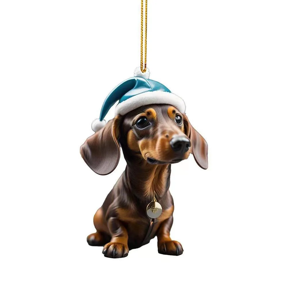 Christmas Cute Dog Pendant Acrylic Dog Figurines Decor Funny Puppy Pendant Xmas Tree Backpack Car Interior Decor