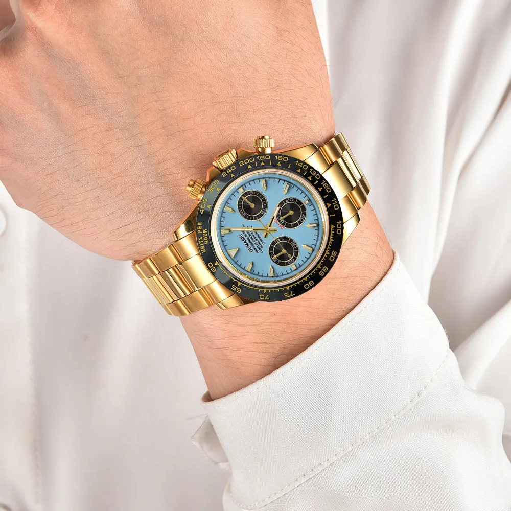 Luxury Sports VK63 Quartz Watch Sapphire Glass 316L stainless steel waterproof for men's GOLD watches with VK63 watch movement