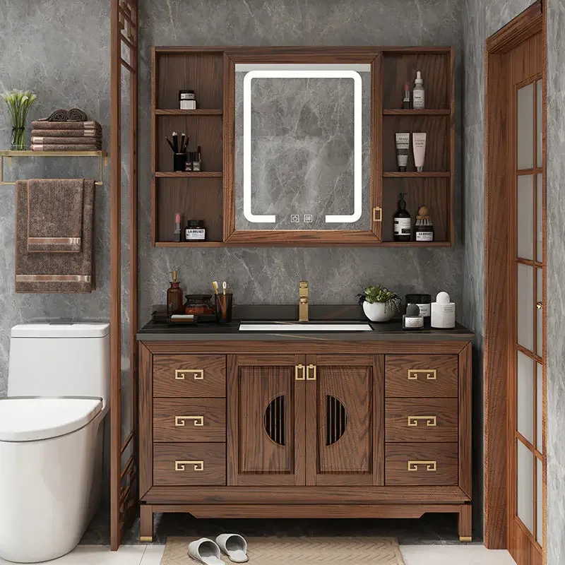 

New Chinese bathroom cabinet red oak bathroom washstand floor-to-ceiling hand washbasin mirror cabinet bathroom combination