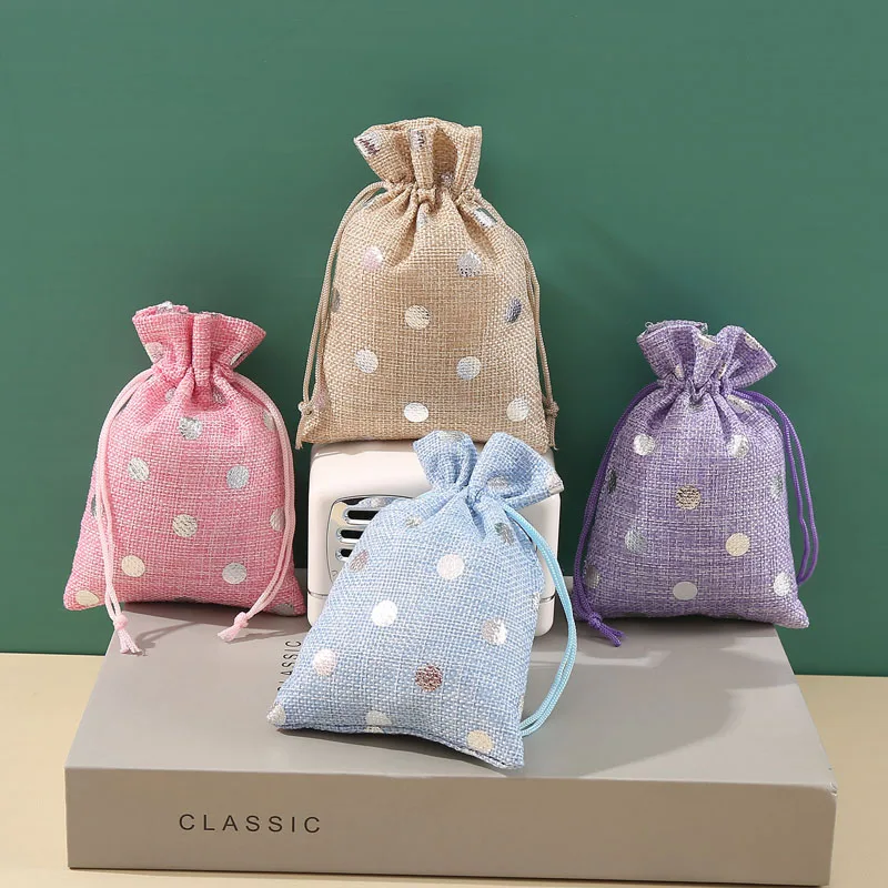 50pcs/Lot 10*14, 13*18cm Silver Dots Pattern Cotton Linen Fabric Bag Drawstring Christmas Gift Pack Bags Wedding Party Pouches