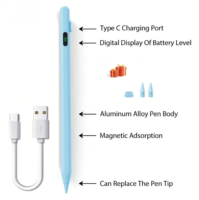 Stylus-Stift für Apple Pencil mit LED-Leistungsanzeige und Handballenerkennung für iPad von 2018 bis 2025