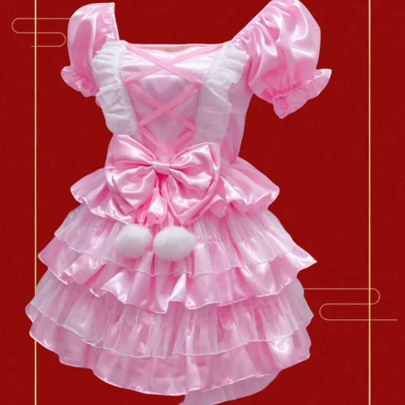 Sexy Pink Glossy Bubble Sleeves Satin Dress Lolita Style Original Sissy Maid COS Bowknot Lace Ruffle Sweet Princess Puffy Dress